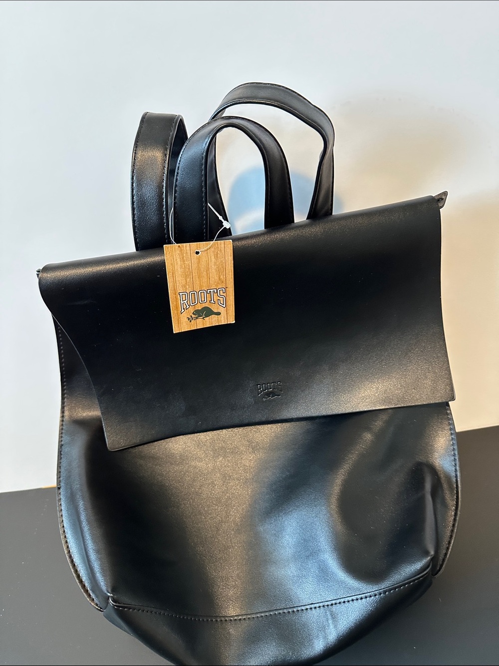 Roots Black Leather Backpack with Top Handle